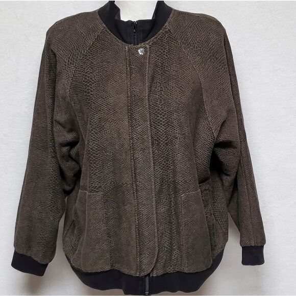 VINTAGE 1980s Richard & Company Green Snakeskin Shoulder Pad Bomber Jacket L - Picture 2 of 11